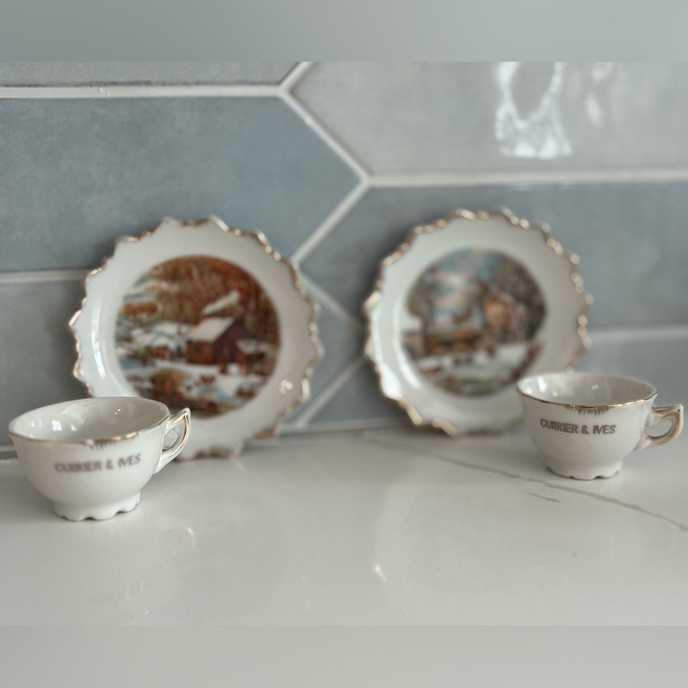 Mini Currier and Ives plates (2) and tea cups (2)~ Winter scenes ~ gold rim